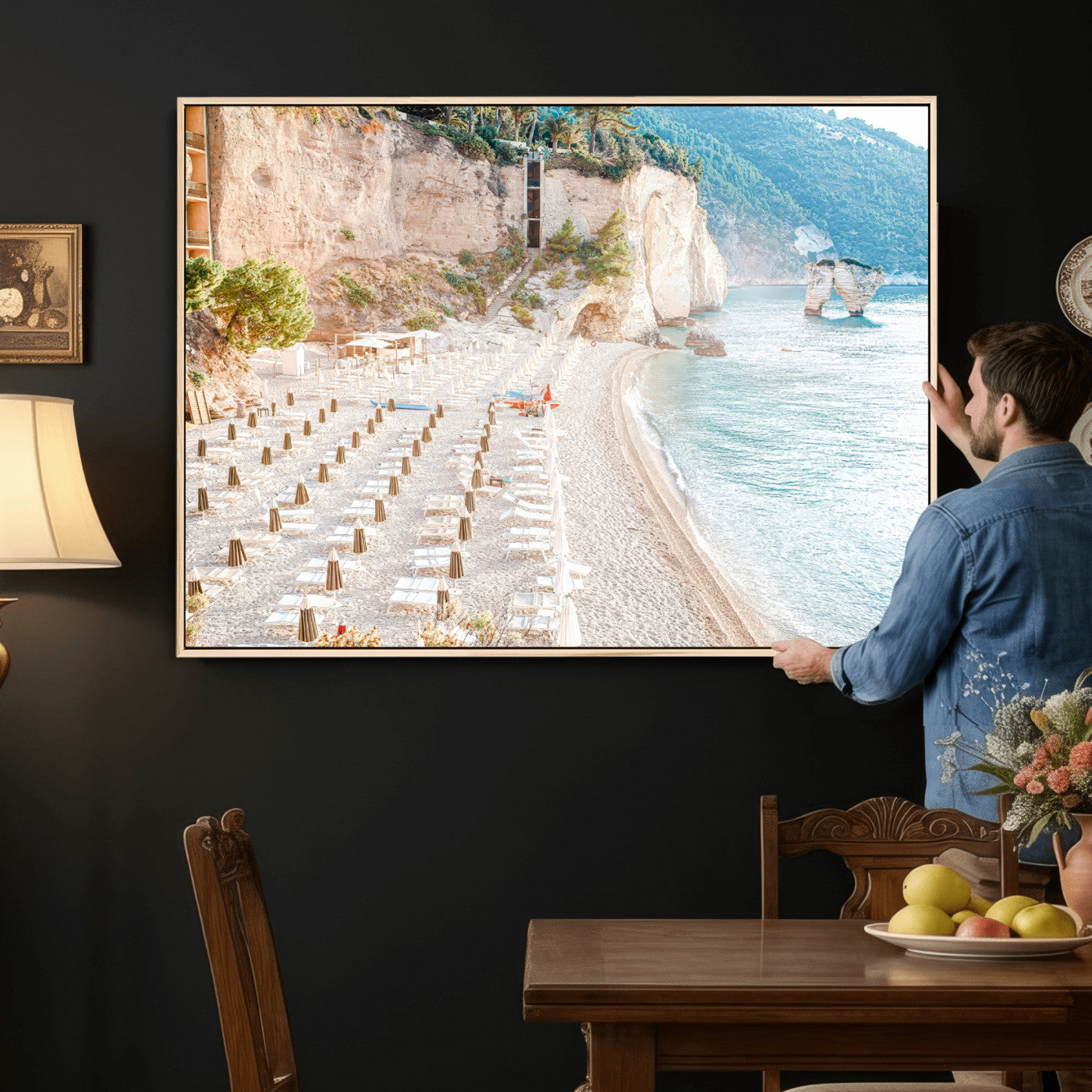 84816639-MGV-CV-36X24 - Sunny Beach Wall Art – Chairs & Umbrellas Canvas Print, Clear Water, Rocky Cliffs, Coastal Calm for Living Room or Vacation Home Decor