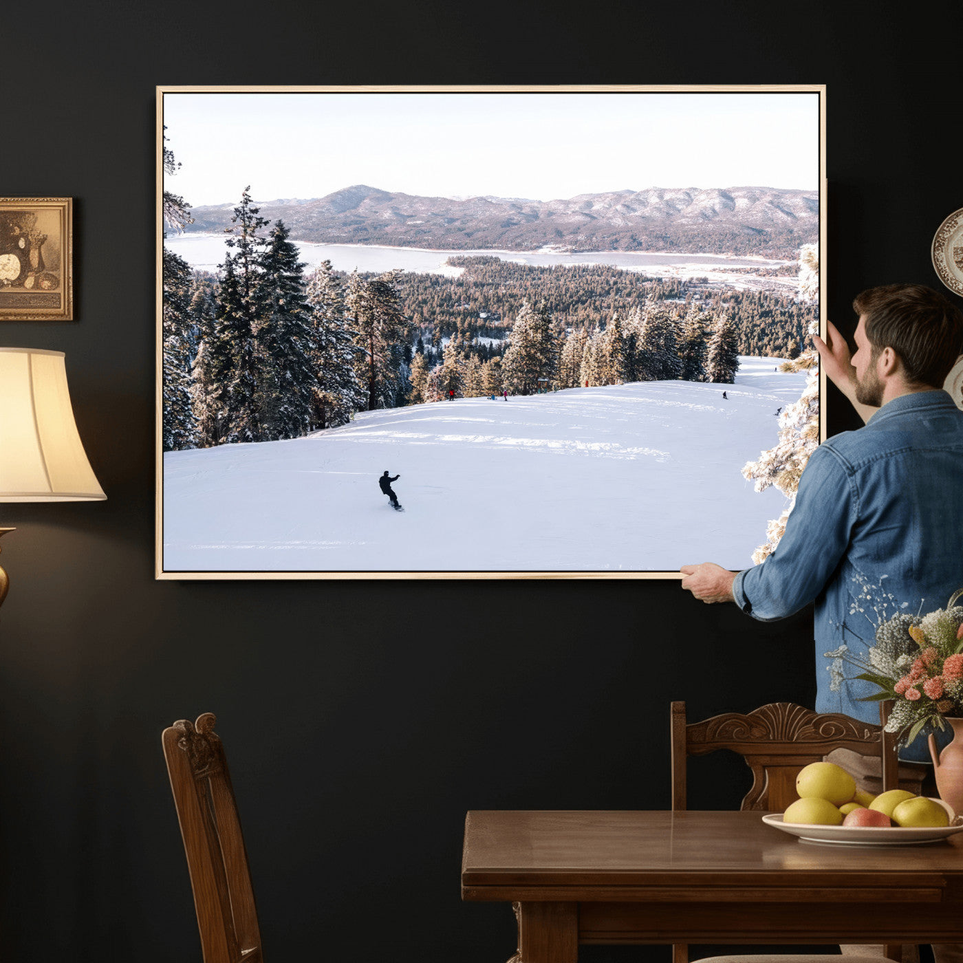 79857868-MGV-CV-36X24 - Snowboarder Wall Art – Winter Slope Canvas Print, Pine Forest, Snow-Covered Mountains, Outdoor Adventure for Living Room or Cabin Decor