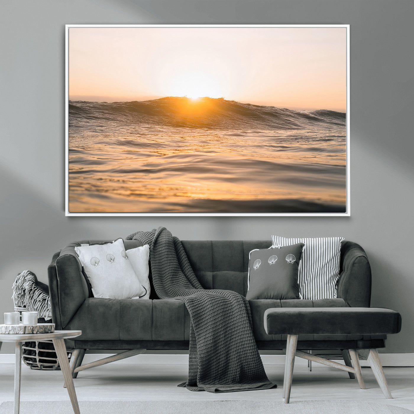 MGV-FC-36X24 - Calm Water Wall Art Canvas Print, Framed Sunset Waves Art Picture Print, Coastal Warmth Perfect Warm Minimalist Decor Artwork