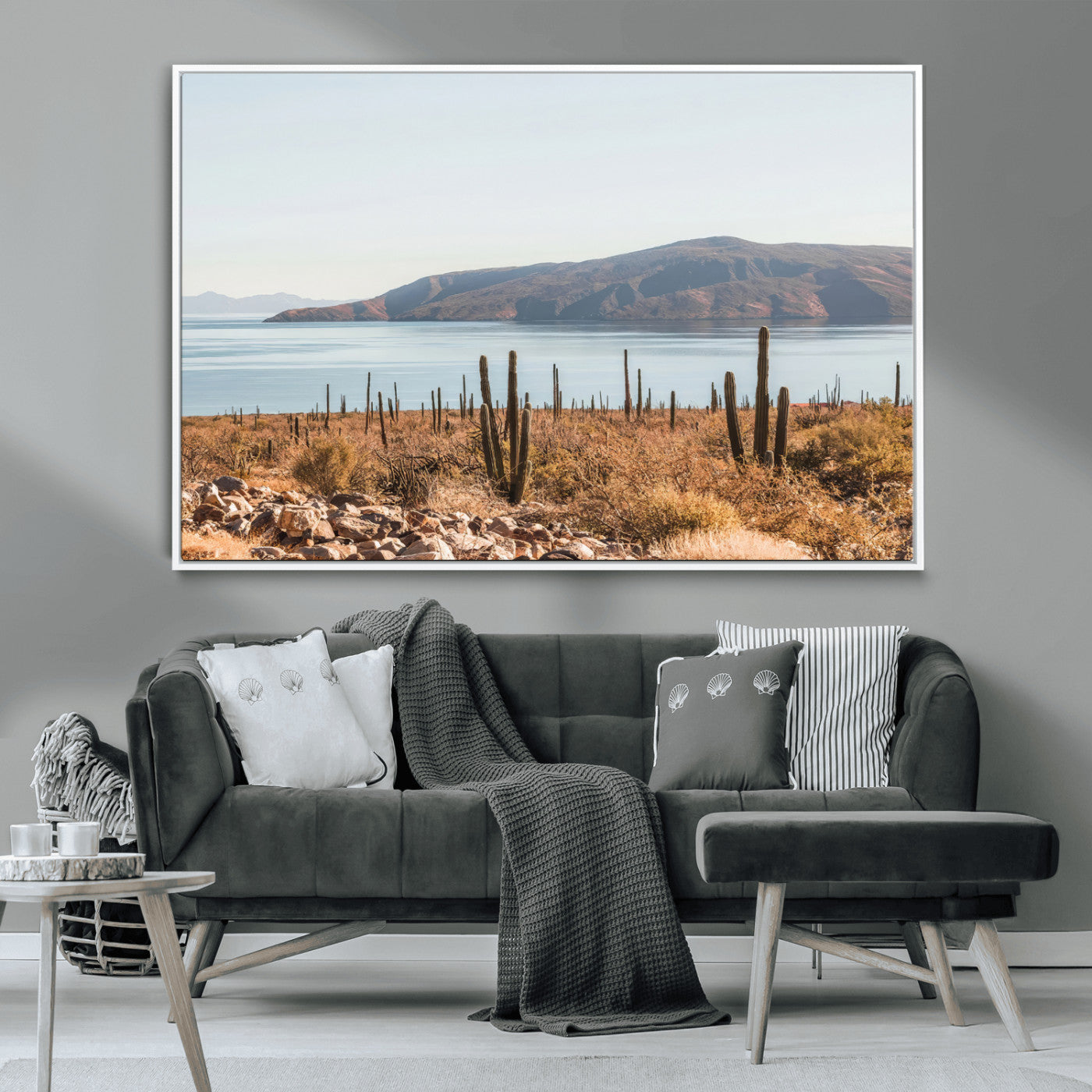 MGV-FC-36X24 - Desert Cactus Wall Art Canvas Print, Framed Baja Coastline Art Picture Print, Coastal Desert Perfect Southwestern Minimalist Decor Artwork