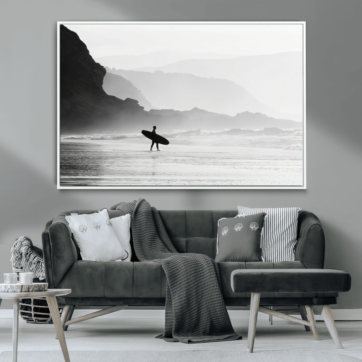 MGV-FC-36X24 - Surfer In Fog Wall Art Canvas Print, Framed Moody Shoreline Art Picture Print, Cliffside Waves Perfect Minimalist Coastal Decor Artwork