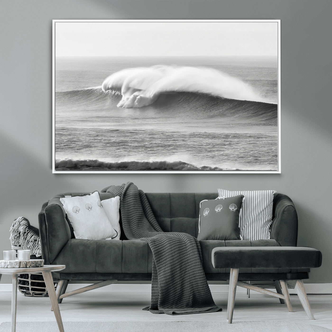 MGV-FC-36X24 - Monochrome Seascape Wall Art Canvas Print, Framed Surf Wave Art Picture Print, Minimalist Ocean Perfect Moody Coastal Decor Artwork