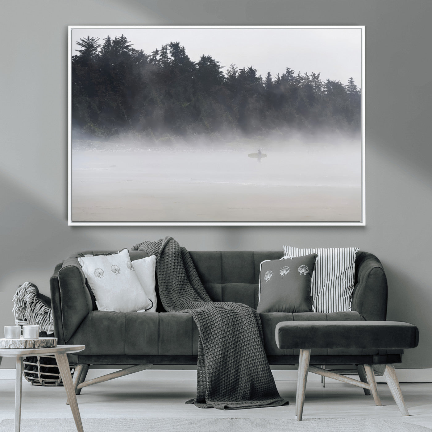 MGV-FC-36X24 - Surfer in Fog Wall Art Canvas Print, Framed Foggy Beach Art Picture Print, Coastal Surf Perfect Moody Coastal Decor Artwork