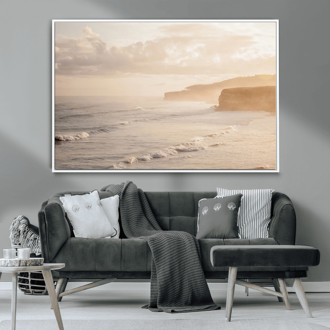 MGV-FC-36X24 - Misty Coastal Wall Art Canvas Print, Framed Golden Sunset Art Picture Print, Serene Shoreline Perfect Tranquil Coastal Decor Artwork