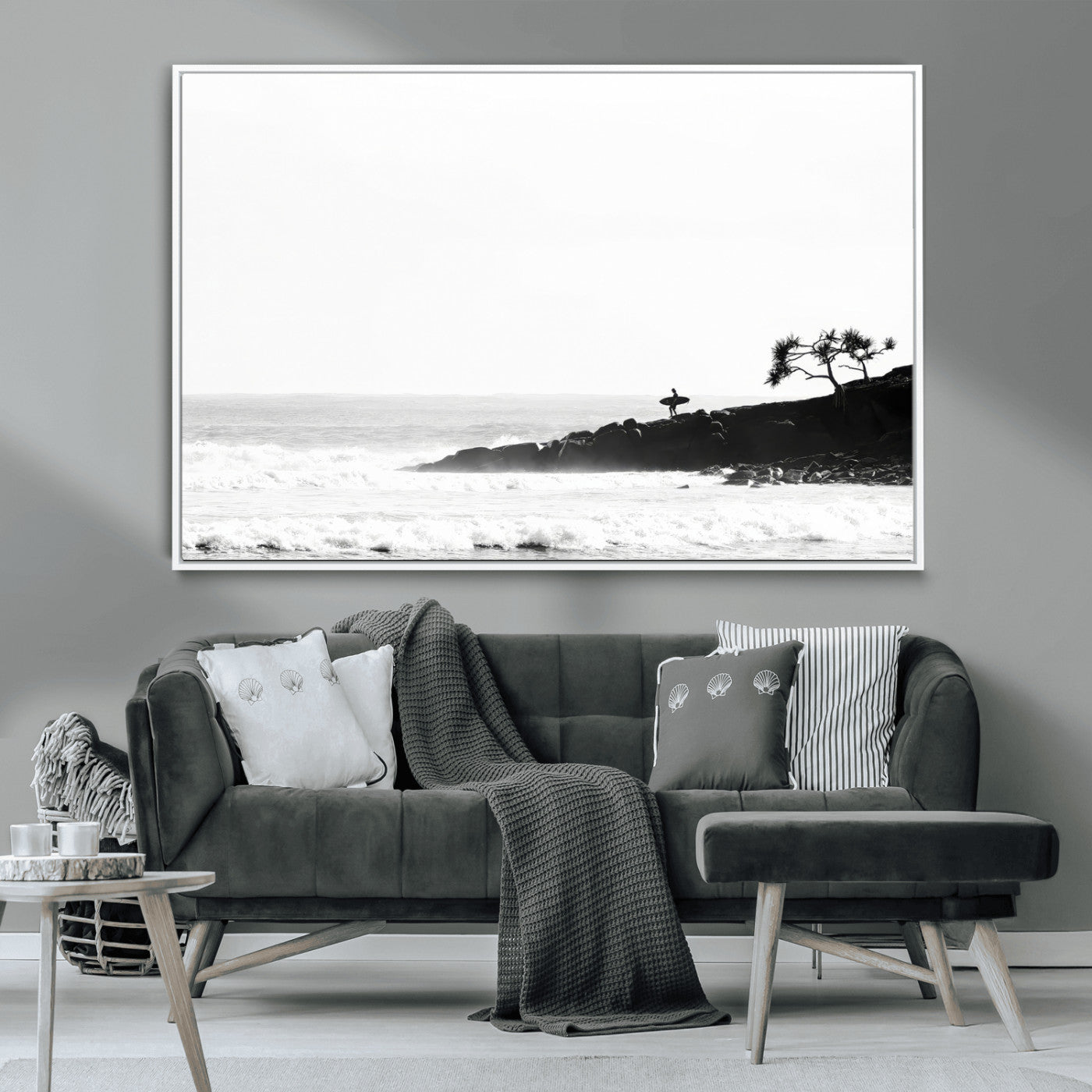 MGV-FC-36X24 - SurferCliffs Wall Art Canvas Print, Framed Black White Beach Art Picture Print, Ocean Waves Perfect Minimalist Coastal Decor Artwork
