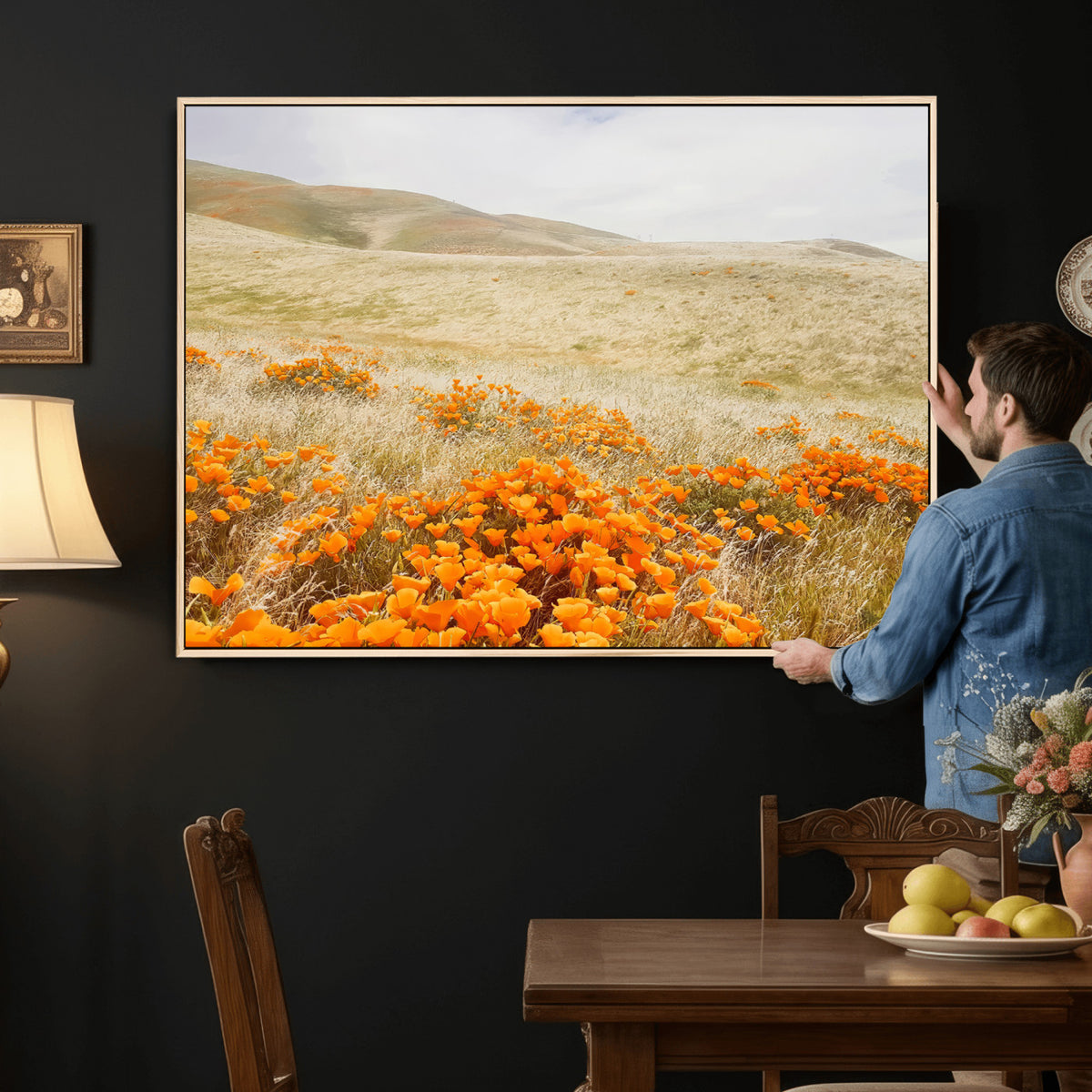 28972262-_Poster-30x20 - Golden Wildflowers Wall Art Canvas Print, Framed Hills and Poppy Meadow Scene