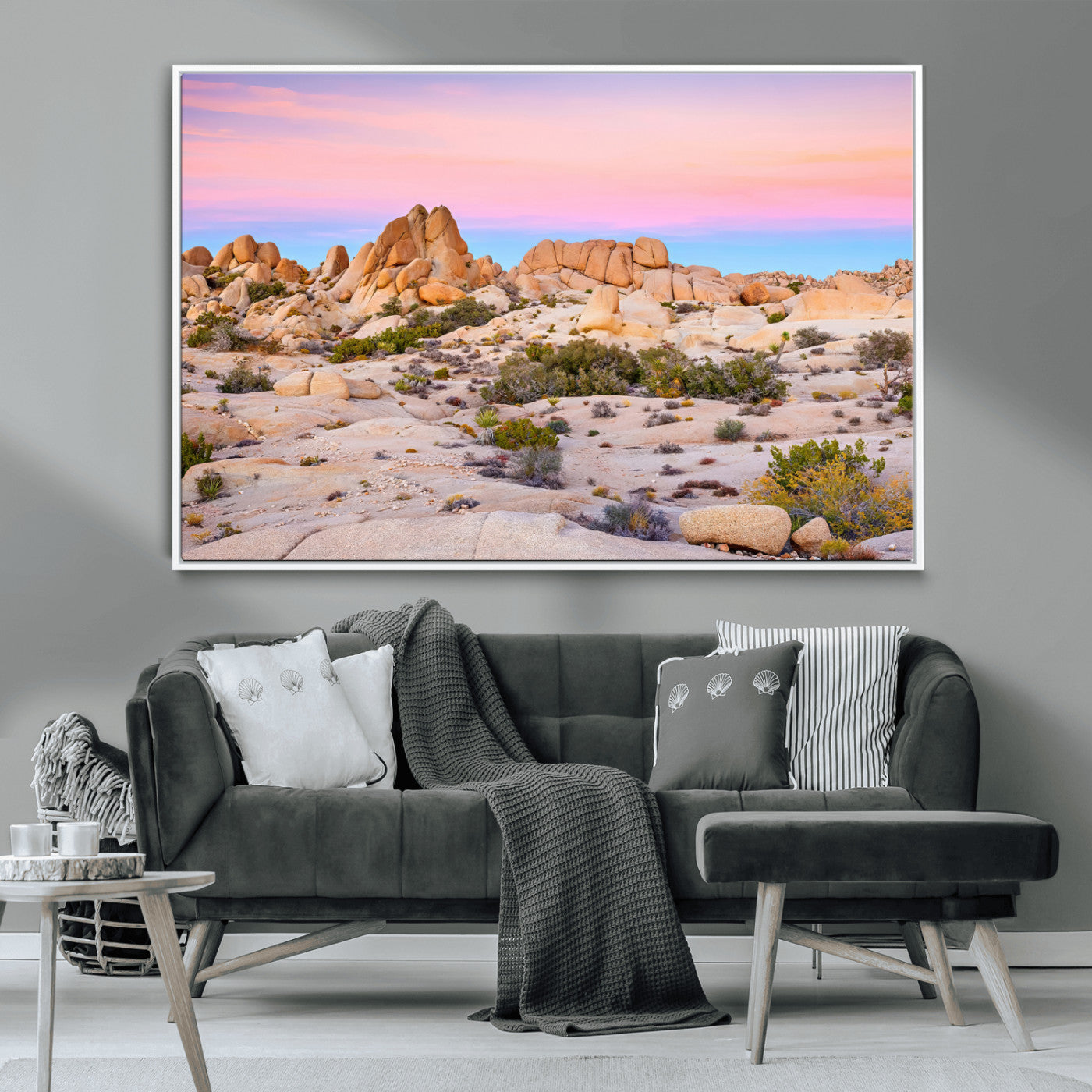 A breathtaking desert landscape featuring rugged rock formations under a vibrant pastel sunset sky, capturing the warmth and serenity of a Southwestern wilderness.