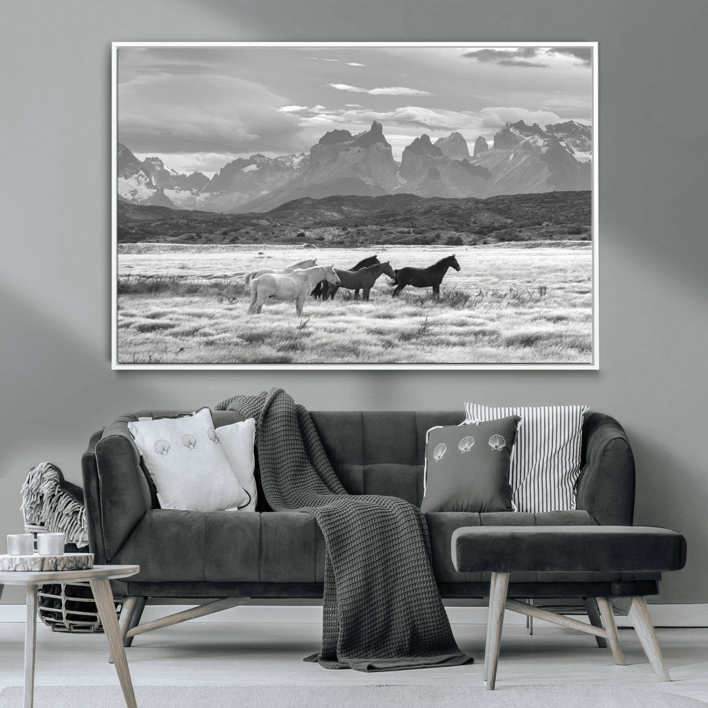 MGV-FC-36X24 - Wild Horses Wall Art Canvas Print, Framed Black White Mountains Art Picture Print, Rustic Countryside Perfect Rustic Western Decor Artwork