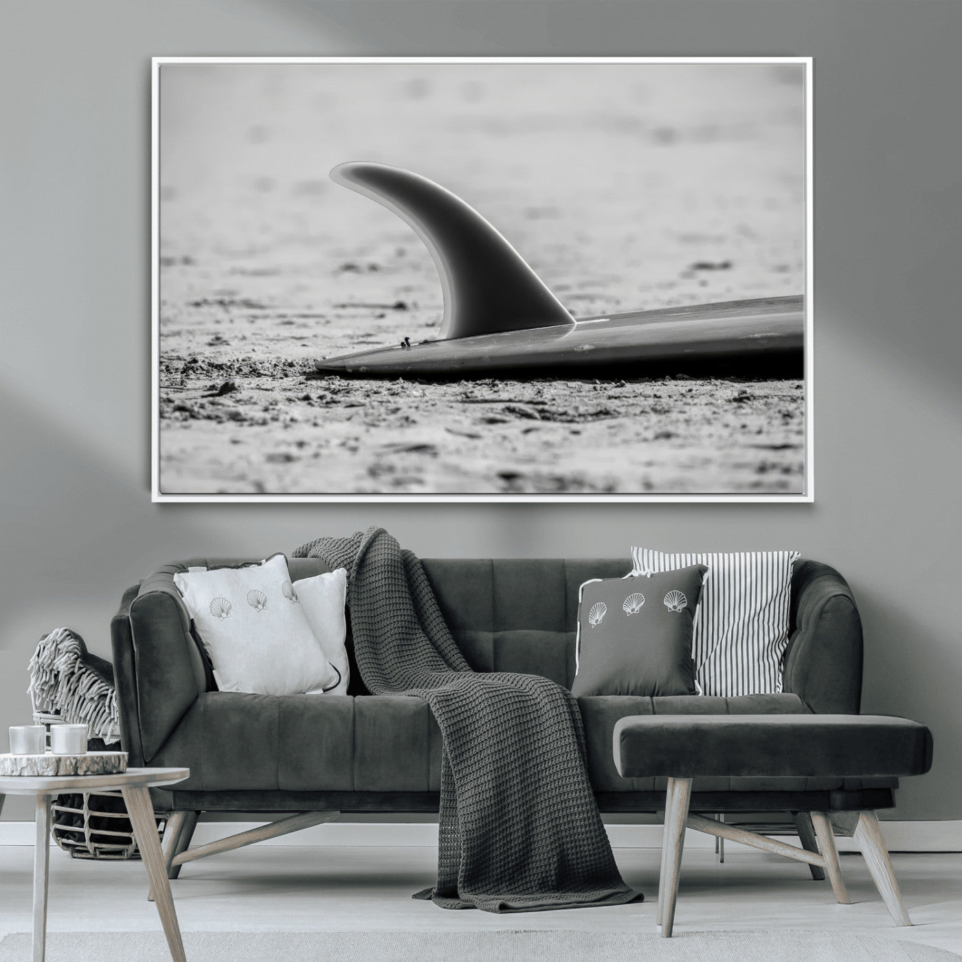 MGV-FC-36X24 - Black White Surfboard Wall Art Canvas Print, Framed Minimalist Beach Art Picture Print, Surf Fin Perfect Minimalist Coastal Decor Artwork