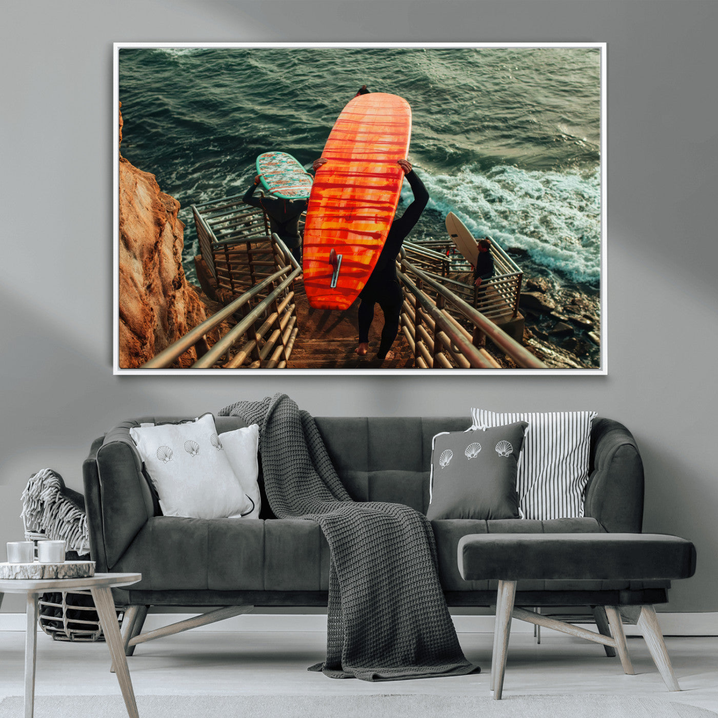 MGV-FC-36X24 - Surfer Stairway Wall Art Canvas Print, Framed Ocean Surf Art Picture Print, Sunset Coastal Perfect Coastal Adventure Decor Artwork