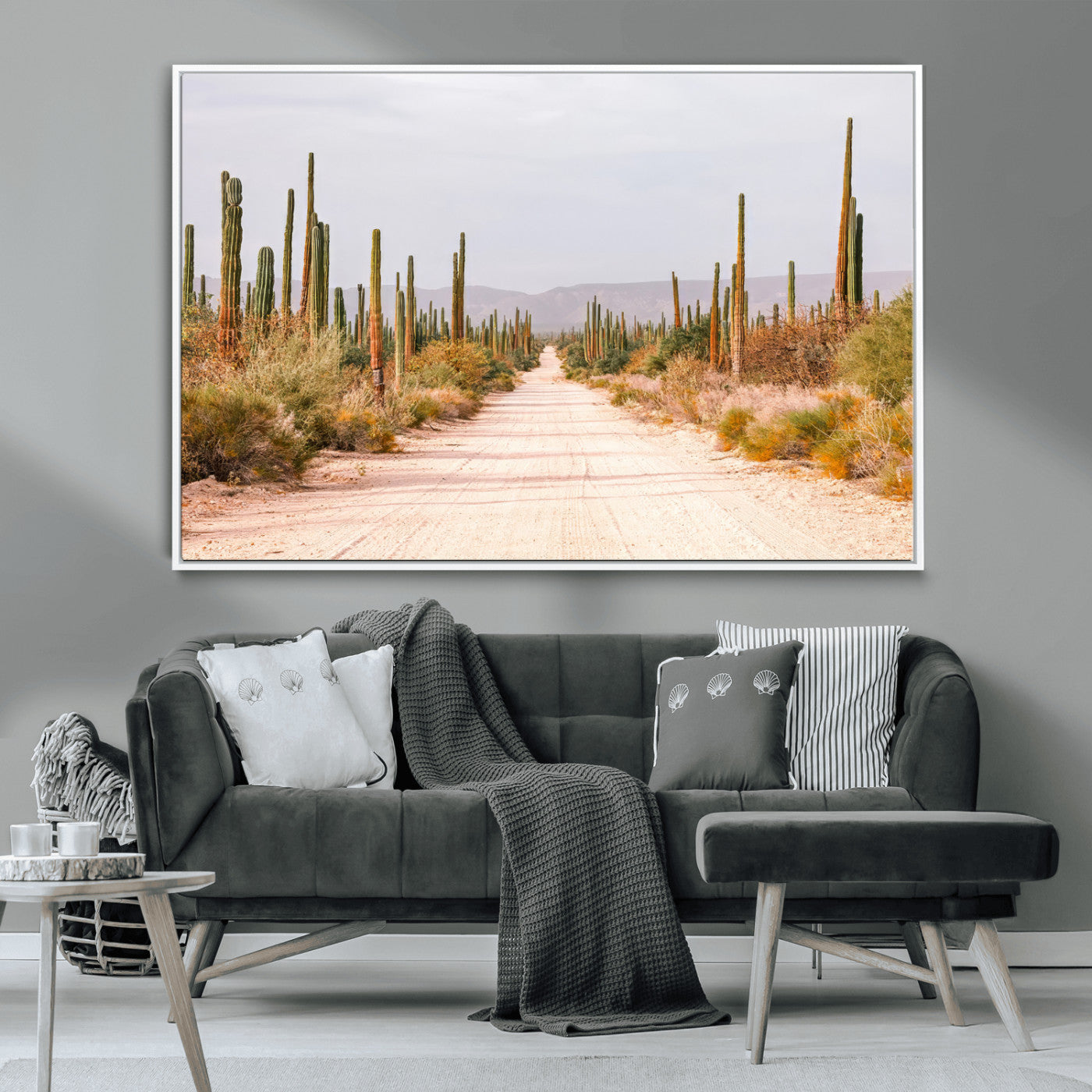 MGV-FC-36X24 - Desert Cactus Lined Road Wall Art Canvas Print, Framed Southwestern Landscape Art Picture Print, Bohemian Western Aesthetic Perfect Southwestern Boho Decor Artwork
