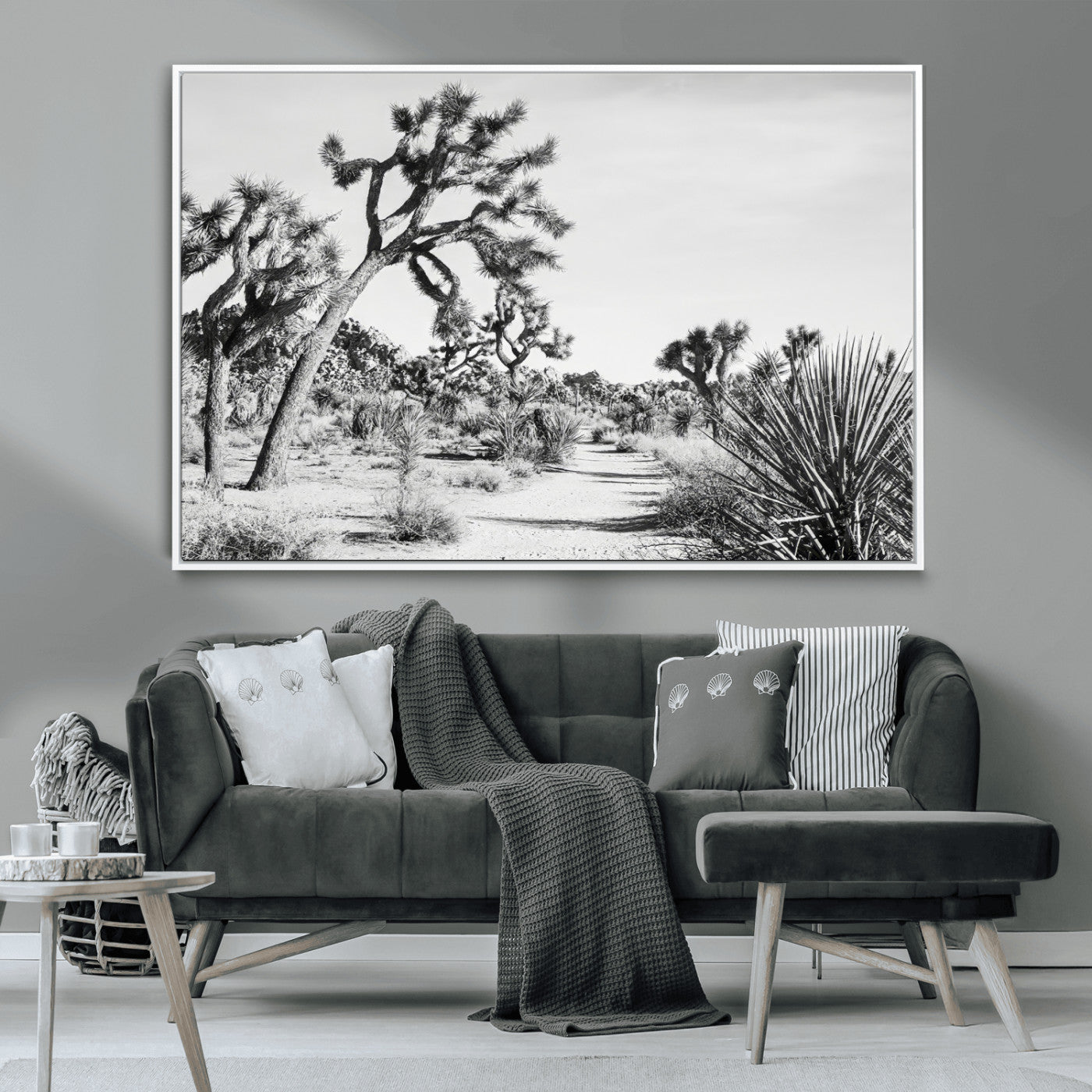 MGV-FC-36X24 - Joshua Tree Wall Art Canvas Print, Framed Desert Path Art Picture Print, Monochrome Desert Perfect Minimalist Desert Decor Artwork