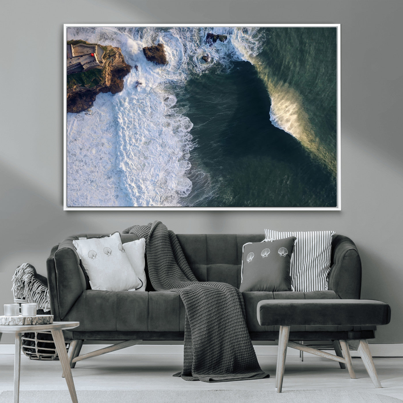 MGV-FC-36X24 - Nazaré Coast Wall Art Canvas Print, Framed Aerial Ocean Art Picture Print, Coastal Fortress Perfect Dramatic Coastal Decor Artwork