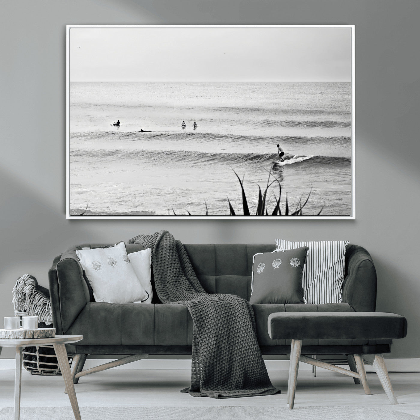 MGV-FC-36X24 - Surfer Silhouette Wall Art Canvas Print, Framed Calm Ocean Art Picture Print, Monochrome Surf Perfect Minimalist Coastal Decor Artwork