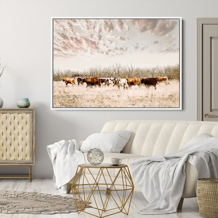 Longhorn Cattle Wall Art Canvas Print, Texas Ranch Print, Framed Western Cow Art Print, Large Prairie Landscape Printing Perfect for Western Decor