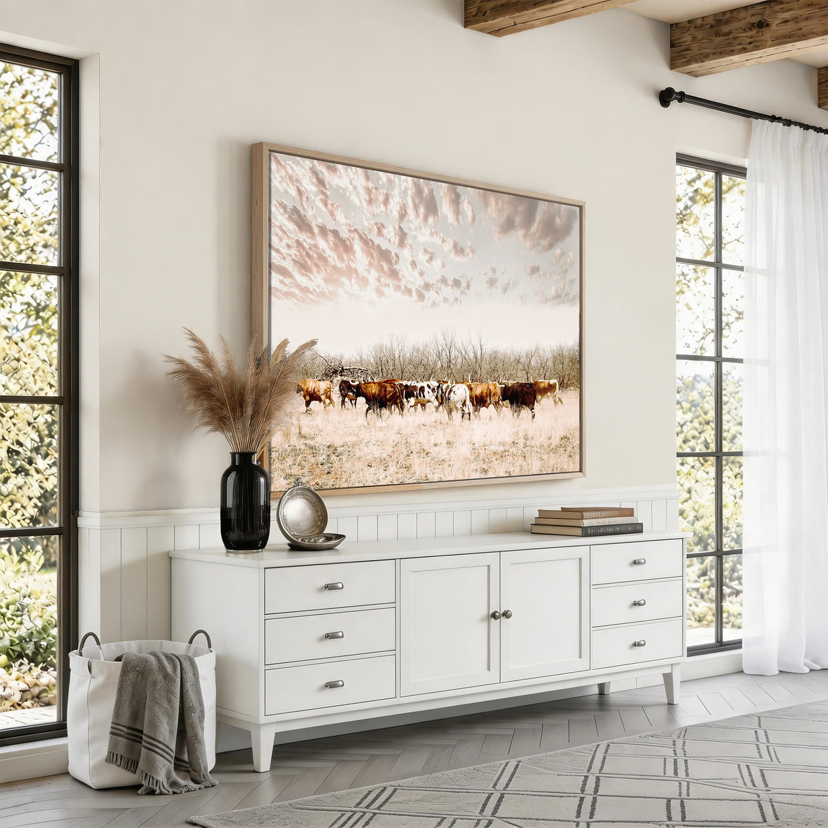 64892775-MGV-CV-24X16 - Longhorn Cattle Wall Art Canvas Print, Framed Texas Ranch Art, Western Cow Print, Prairie Landscape Decor