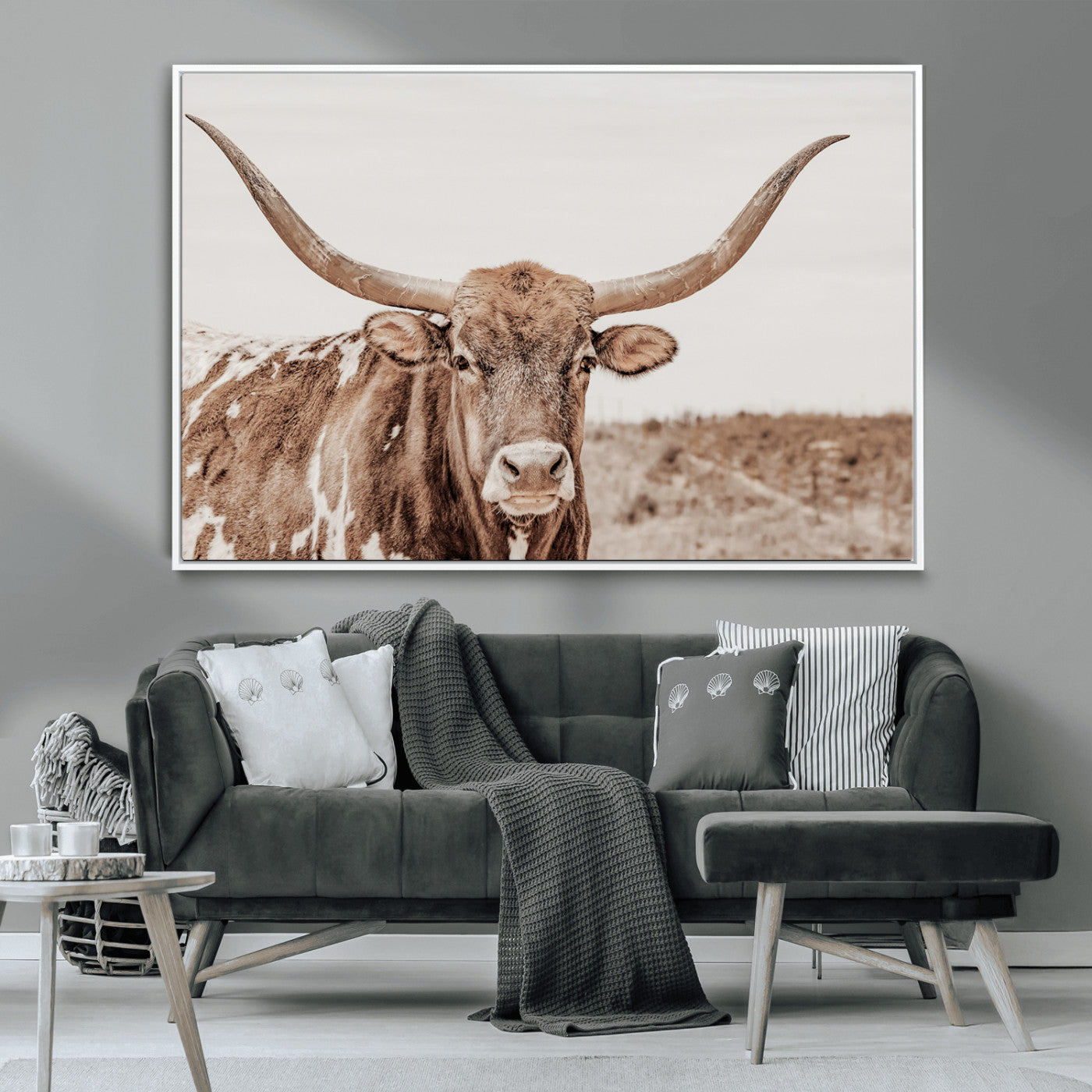 MGV-FC-36X24 - Longhorn Cow Wall Art Canvas Print, Framed Texas Ranch Art Picture Print, Western Bull Perfect County Decor Artwork
