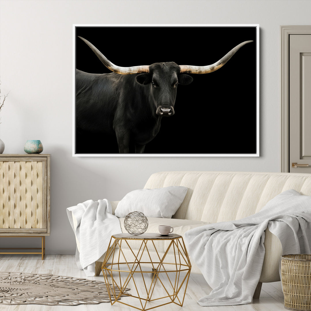 Black White Longhorn Bull Wall Art Canvas Print, Texas Ranch Print, Framed Western Cow Art Print for Farmhouse Decor - Longhorn Print