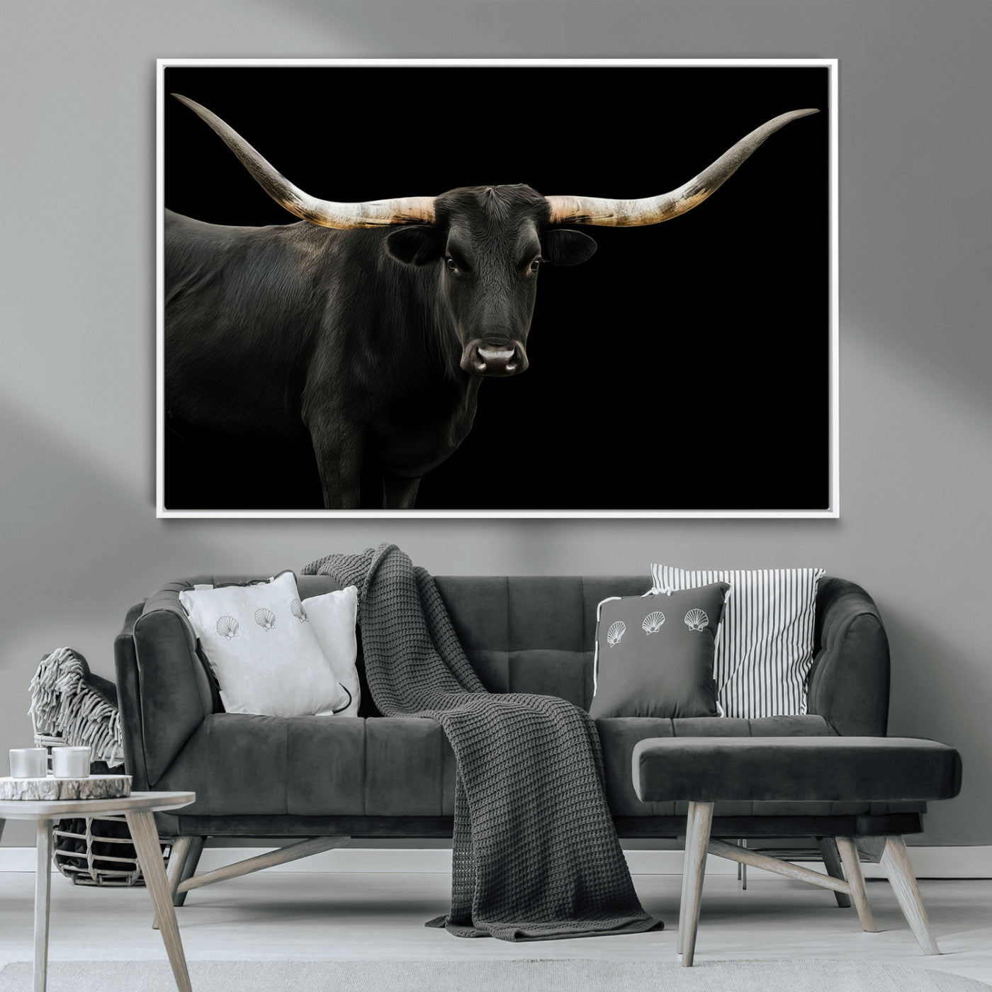 MGV-FC-36X24 - Longhorn Cattle Wall Art Canvas Print, Framed Texas Ranch Art Picture Print, Western Cow Perfect Farmhouse Decor Artwork
