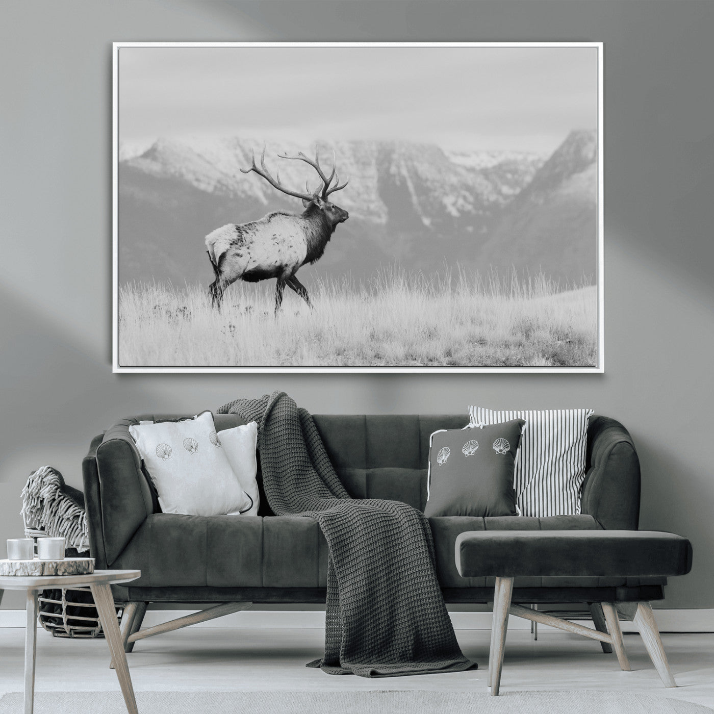 36150391-MGV-FC-36X24 - Wall Art Canvas Print – Majestic Elk Black & White Wilderness, Scenic Mountain and Grassland Landscape, Wildlife Nature Decor for Home or Office