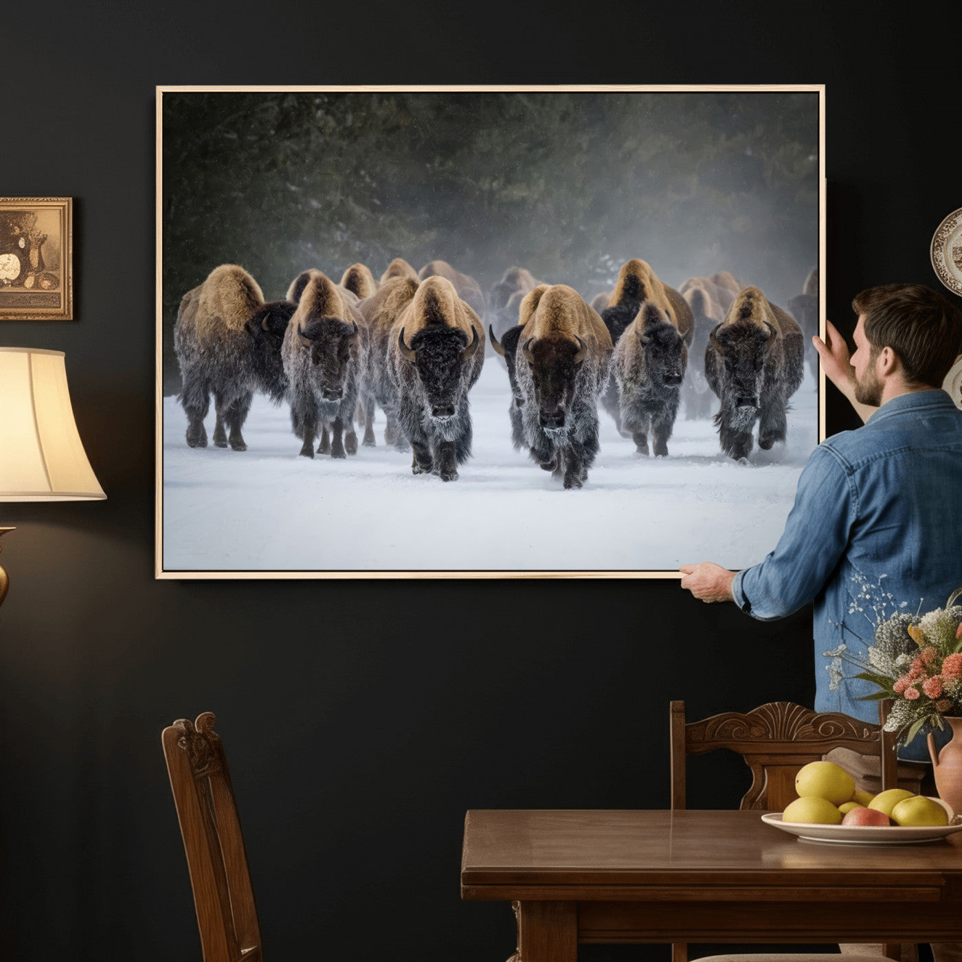 41669135-MGV-CV-36X24 - Winter Bison Herd Wall Art – Majestic Buffalo Charge Canvas Print with Snow Covered Plains, Rustic Wildlife Strength and Untamed Nature Decor for Home and Office