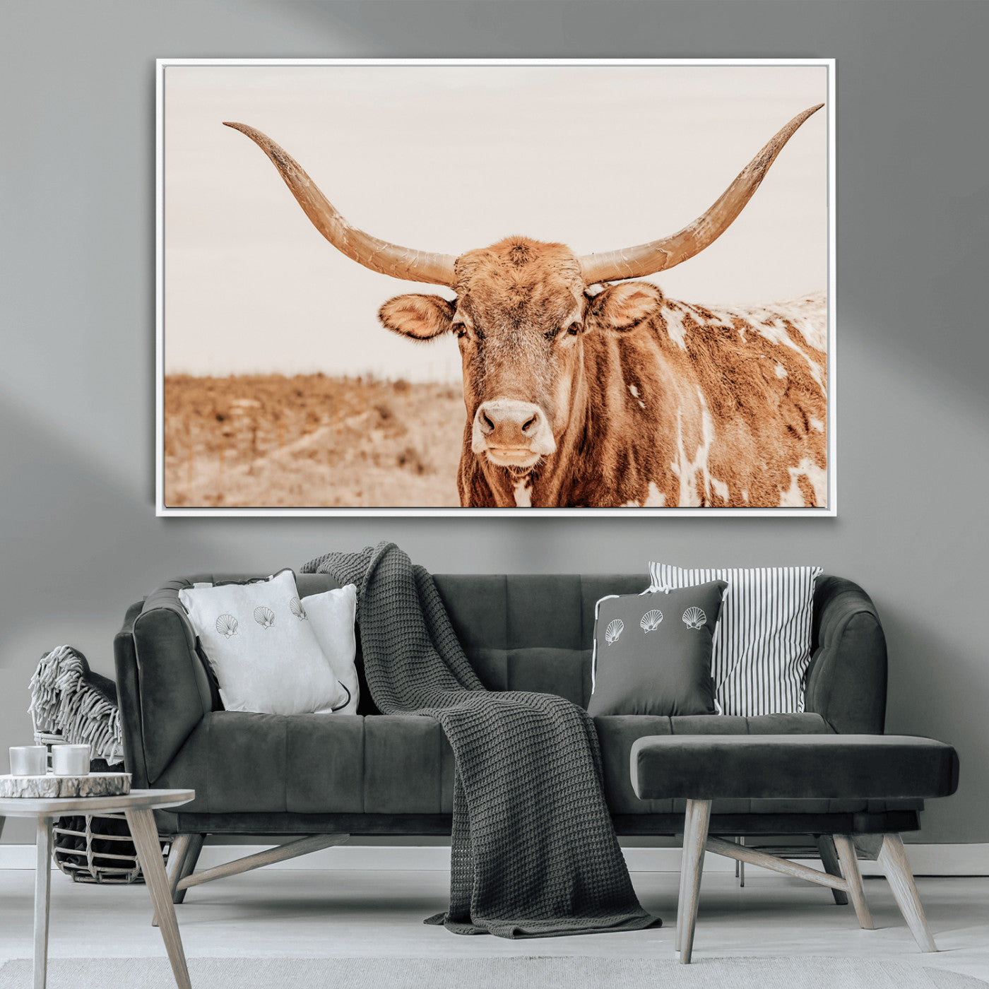 MGV-FC-36X24 - Longhorn Bull Wall Art Canvas Print, Framed Western Cow Art Picture Print, Rustic Farmhouse Perfect Neutral Farmhouse Decor Artwork