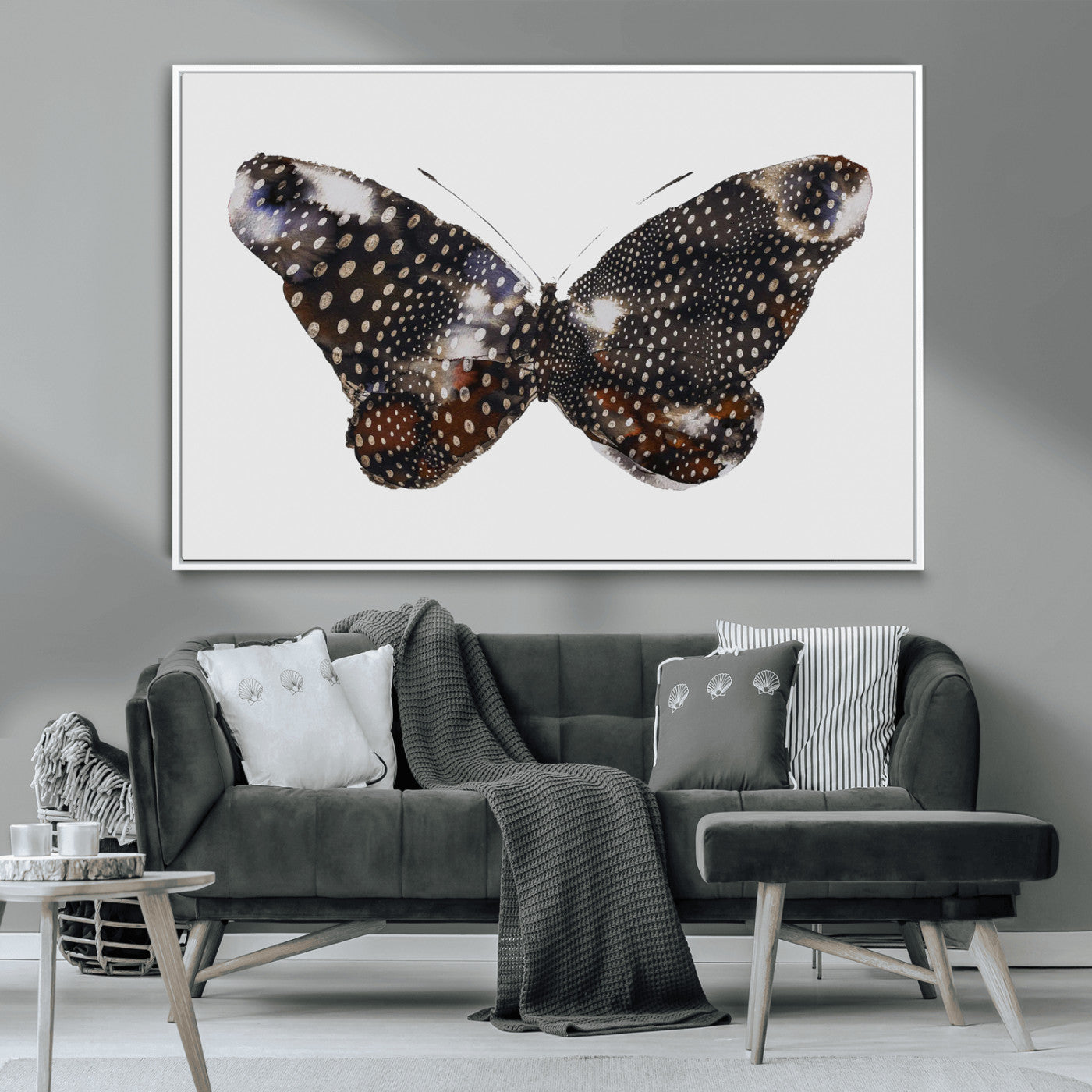 MGV-FC-36X24 - Spotted Butterfly Wall Art Canvas Print, Framed Neutral Insect Theme Art Picture Print, Earthy Wing Pattern Perfect Modern Rustic Decor Artwork