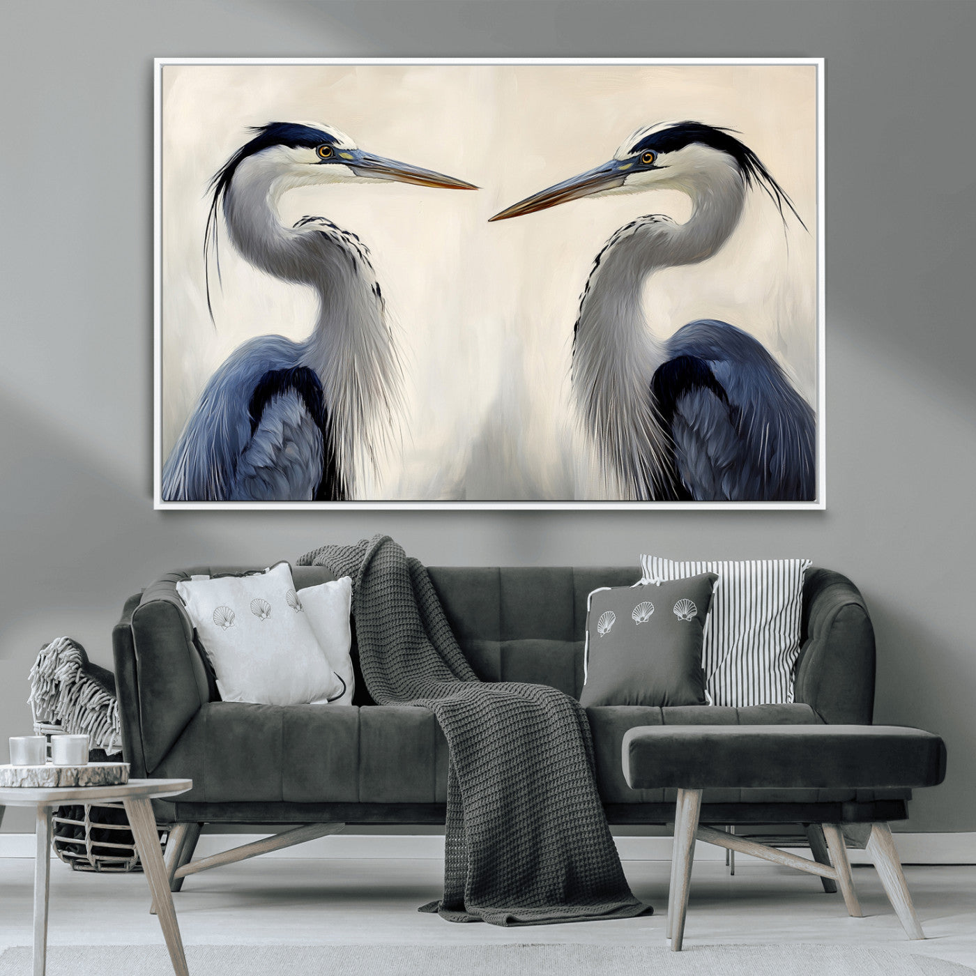 MGV-FC-36X24 - Blue Heron Pair Wall Art Canvas Print, Framed Coastal Bird Theme Art Picture Print, Tranquil Wildlife Scene Perfect Coastal Minimalist Decor Artwork
