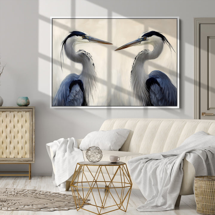 Blue Heron Pair Art Canvas Print, Coastal Bird Theme Print, Framed Tranquil Wildlife Scene Art Print, Large Nature Inspired Decor