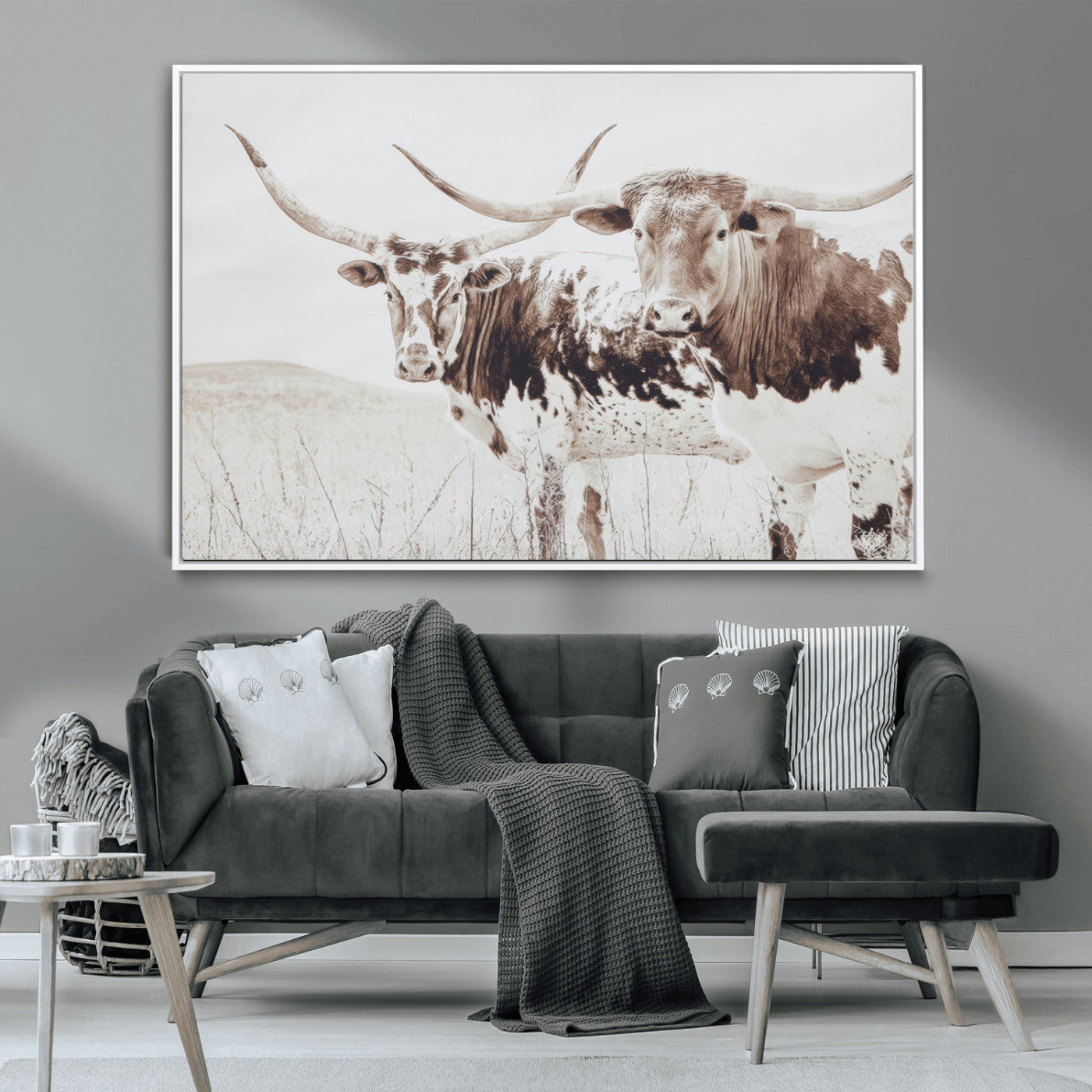 MGV-FC-36X24 - Longhorn Wall Art Wall Art Canvas Print, Framed Western Cow Canvas Art Picture Print, Rustic Farm Decor Perfect Rustic Farmhouse Decor Artwork