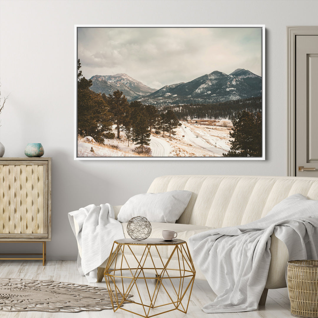 Mountain Landscape Wall Art Canvas Print, Framed Snowy Peaks Art Picture Print, Alpine Aesthetic Perfect Rustic Winter Decor Artwork