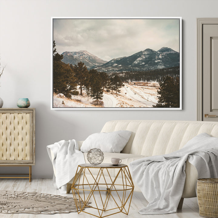 Mountain Landscape Wall Art Canvas Print, Framed Snowy Peaks Art Picture Print, Alpine Aesthetic Perfect Rustic Winter Decor Artwork