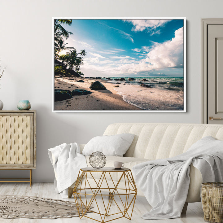 Tropical Beach Wall Art Canvas Print, Framed Ocean Waves Art Picture Print, Relaxing Seascape Perfect Tropical Coastal Decor Artwork