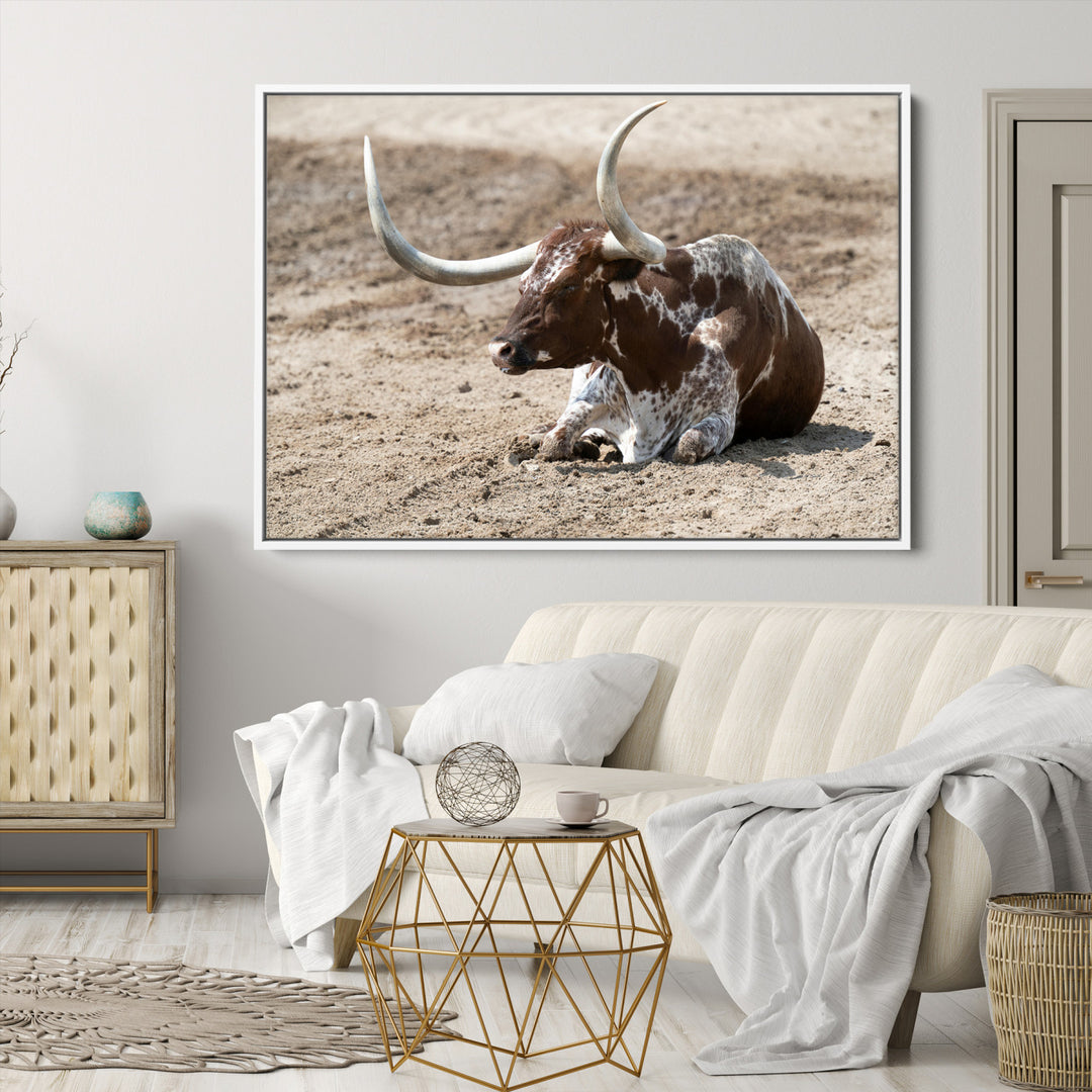 Texas Longhorn Wall Art Canvas Print, Framed Country Living Art Picture Print, Farmhouse Perfect Western Decor Artwork