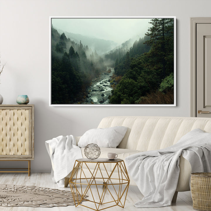 Misty Forest Wall Art Canvas Print, Framed Foggy River Art Picture Print, Moody Landscape Perfect Wilderness Decor Artwork