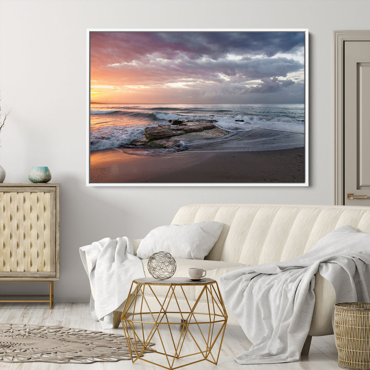 Golden Hour Wall Art Canvas Print, Framed Tranquil Waves Art Picture Print, Beach Perfect Coastal Serenity Decor Artwork