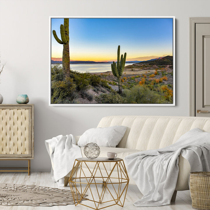 Saguaro Cactus Wall Art Canvas Print, Framed Desert Sunset Art Picture Print, Southwestern Perfect Southwestern Decor Artwork