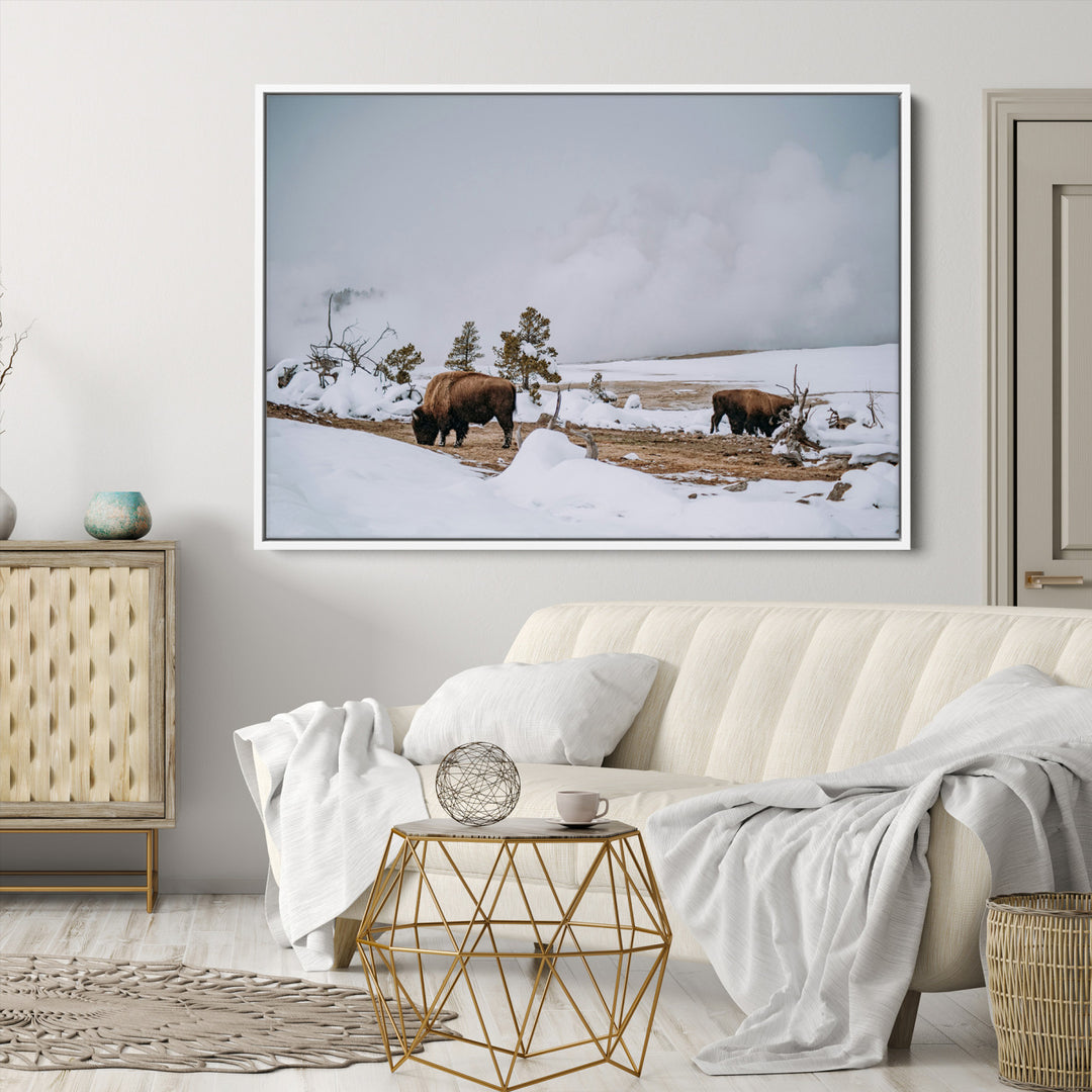 Bison Wildlife Wall Art Canvas Print, Framed Snowy Prairie Art Picture Print, Western Perfect Rustic Decor Artwork