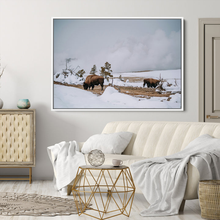 Bison Wildlife Wall Art Canvas Print, Framed Snowy Prairie Art Picture Print, Western Perfect Rustic Decor Artwork