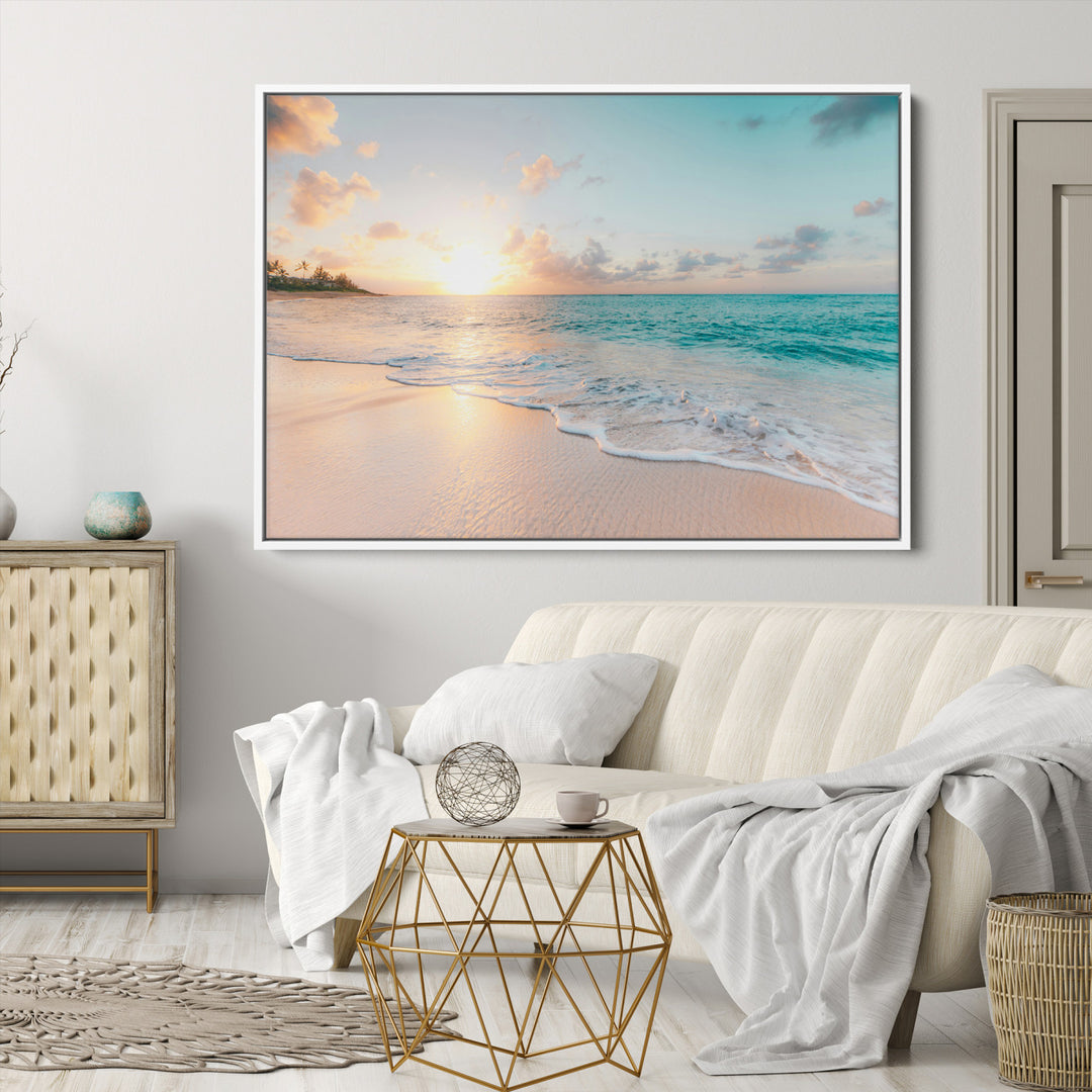 Beach Sunset Wall Art Canvas Print, Framed Ocean Waves Art Picture Print, Summer Escape Perfect Coastal Decor Artwork