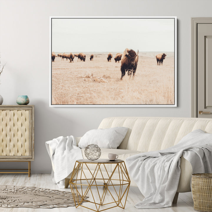 Bison Herd Wall Art Canvas Print, Framed Western Art Picture Print, Prairie Serenity Perfect Ranch Decor Artwork