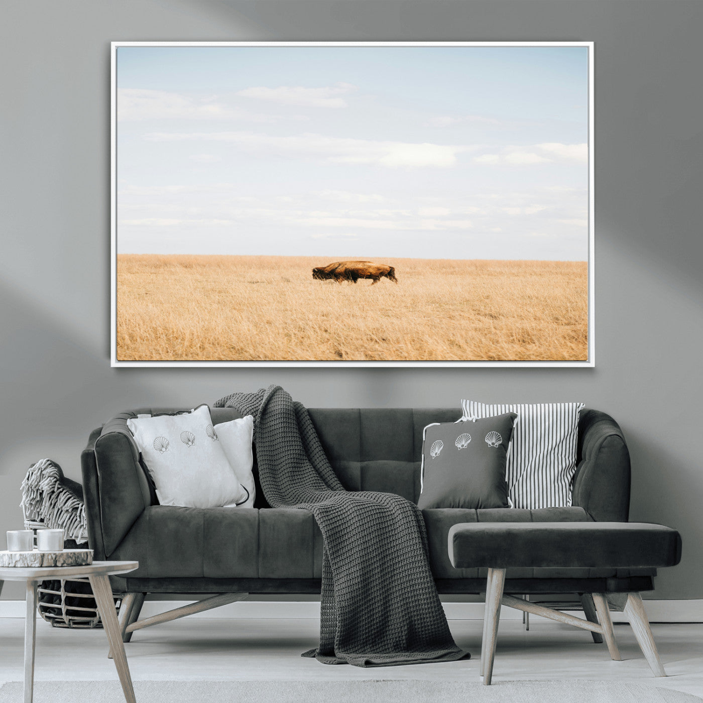 MGV-FC-36X24 - Minimalist Nature Wall Art Canvas Print, Framed Bison In Grassland Art Picture Print, Open Field Perfect Modern Ranch Decor Decor Artwork