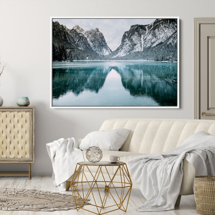 Mountain Lake Wall Art Canvas Print, Framed Wonderland Art Picture Print, Snowy Peaks Perfect Nature Decor Artwork