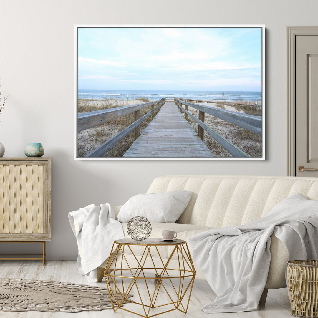 Beach Boardwalk Wall Art Canvas Print, Framed Coastal Serenity Art Picture Print, Ocean View Perfect Coastal Decor Artwork