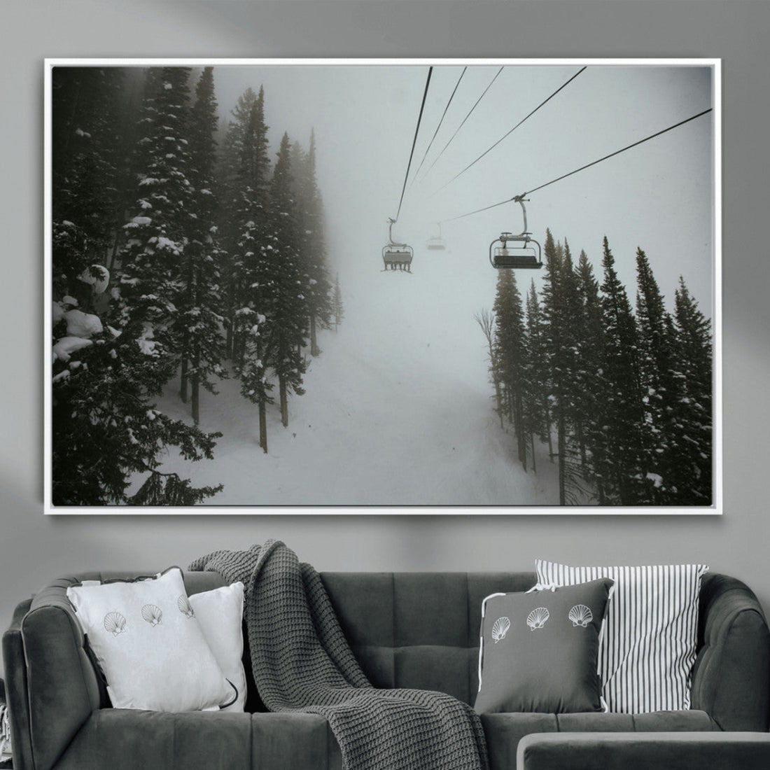 Ski Lift Wall Art Canvas Print, Framed Snowy Pines Art, Misty Landscape Winter Decor
