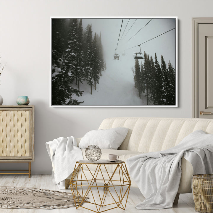 Ski Lift Wall Art Canvas Print, Framed Snowy Pines Art Picture Print, Misty Landscape Perfect Winter Serenity Decor Artwork