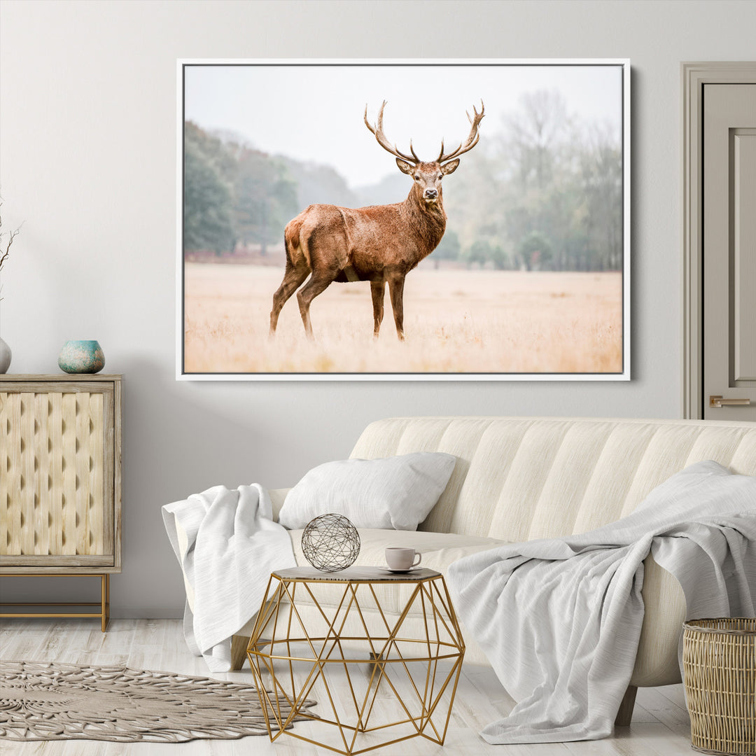 Vintage Wildlife Canvas Print, Framed Misty Landscape Art Picture Print, Deer Wall Art Perfect Rustic Wildlife Decor Artwork