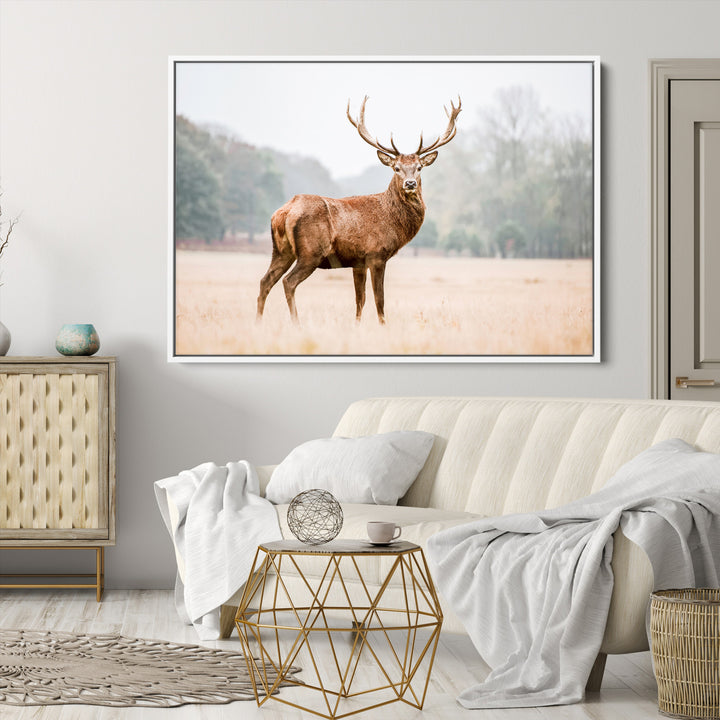 Vintage Wildlife Canvas Print, Framed Misty Landscape Art Picture Print, Deer Wall Art Perfect Rustic Wildlife Decor Artwork