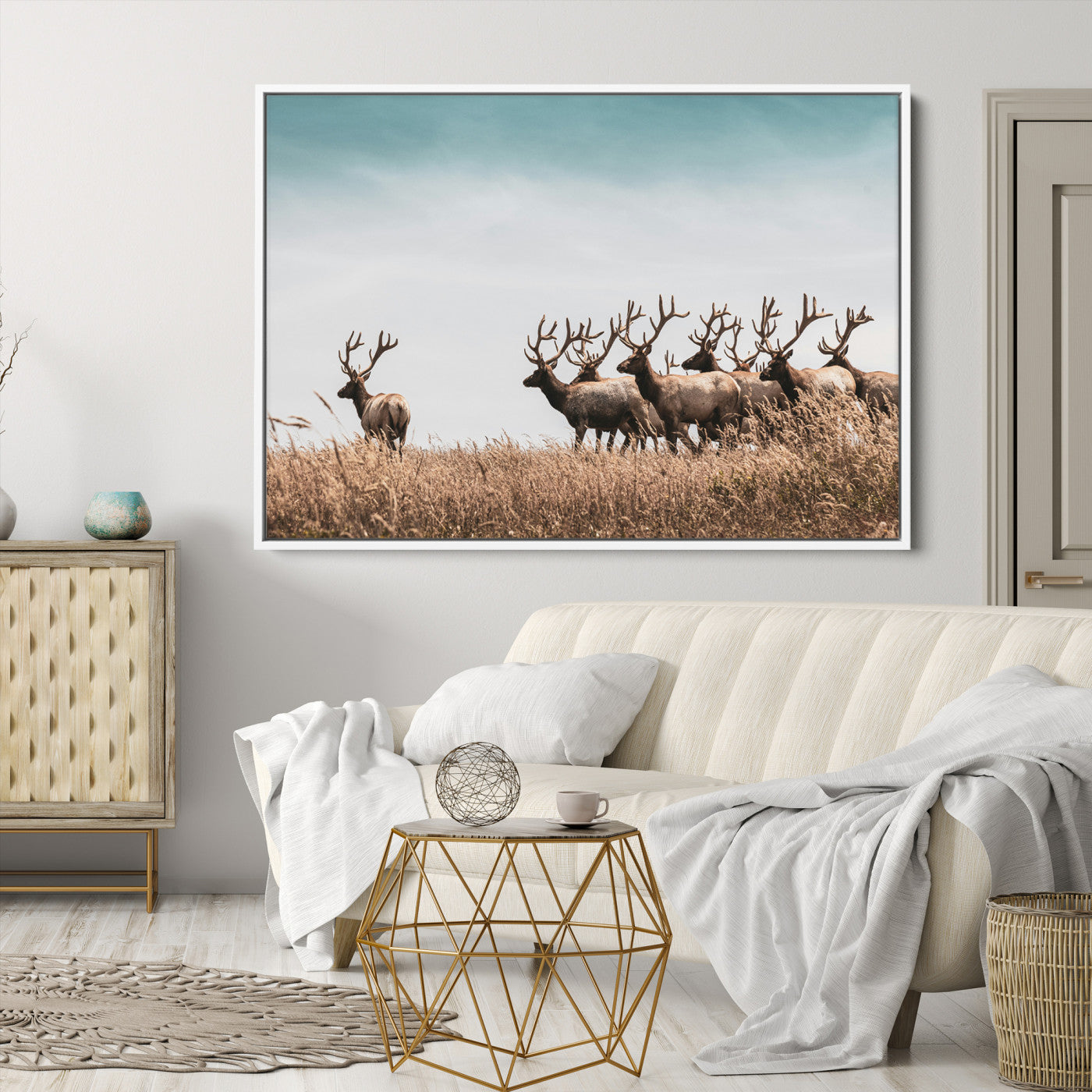 Elk Herd Wall Art Canvas, Antler Canvas Print, Framed Wildlife Photography Art Picture Print, Rustic Nature Print Perfect Rustic Wildlife