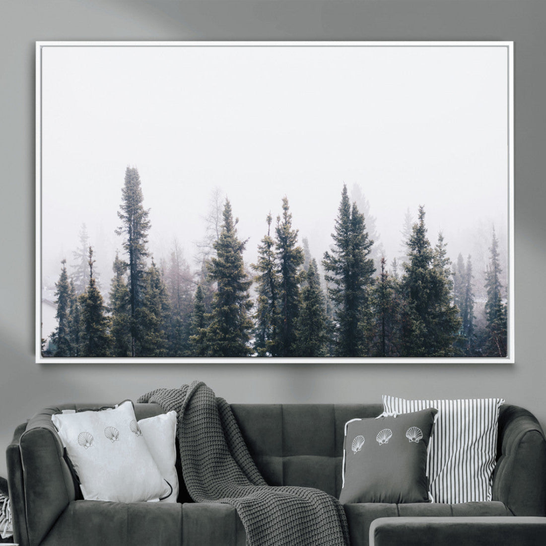 Foggy Forest Wall Art Canvas Print, Framed Misty Pines Art, Moody Woodland Scandinavian Minimalist Decor